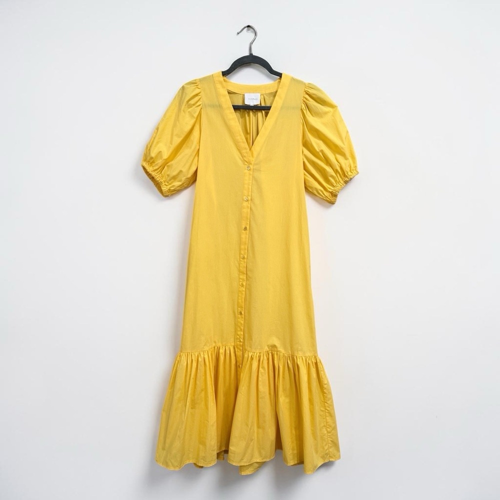Anthropologie Sundays Yellow Cotton Maxi Dress XS Short Puff Sleeve V-Neck